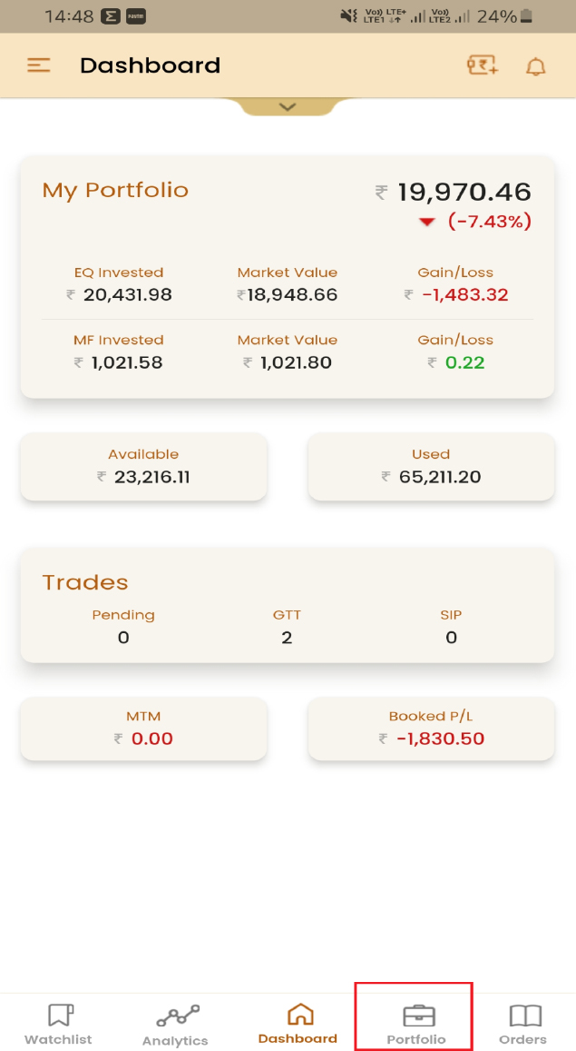 Fig 2- Shoonya App Dashboard.
