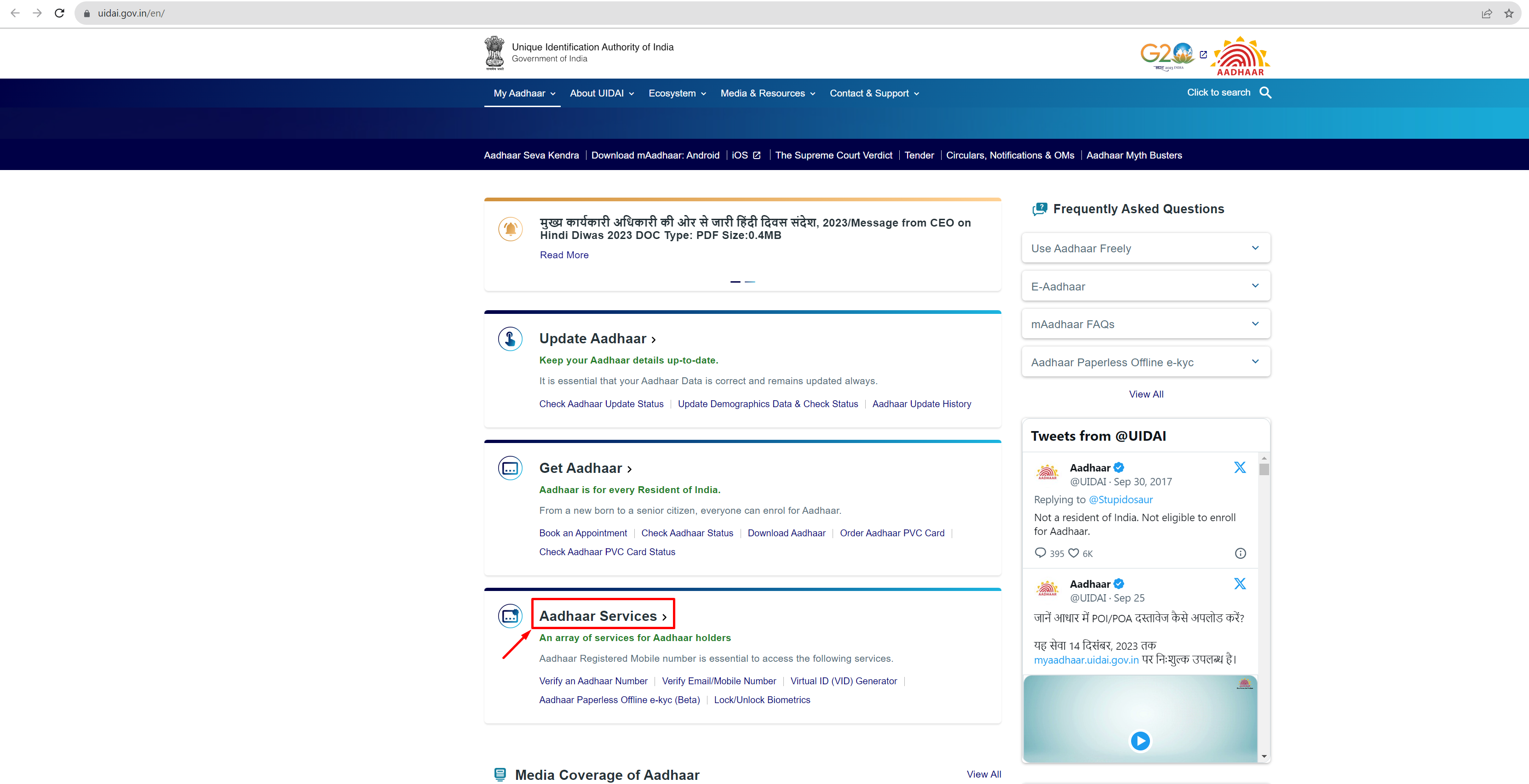 Step 2 - Click on the Aadhaar Services