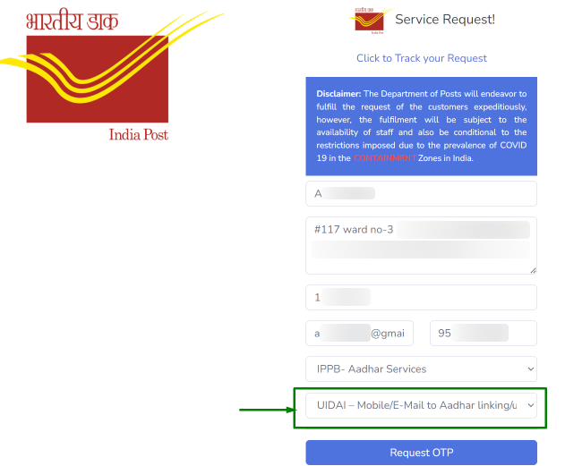 Step 4 - Select UIDAI-Mobile/Email to Aadhaar Linking Update