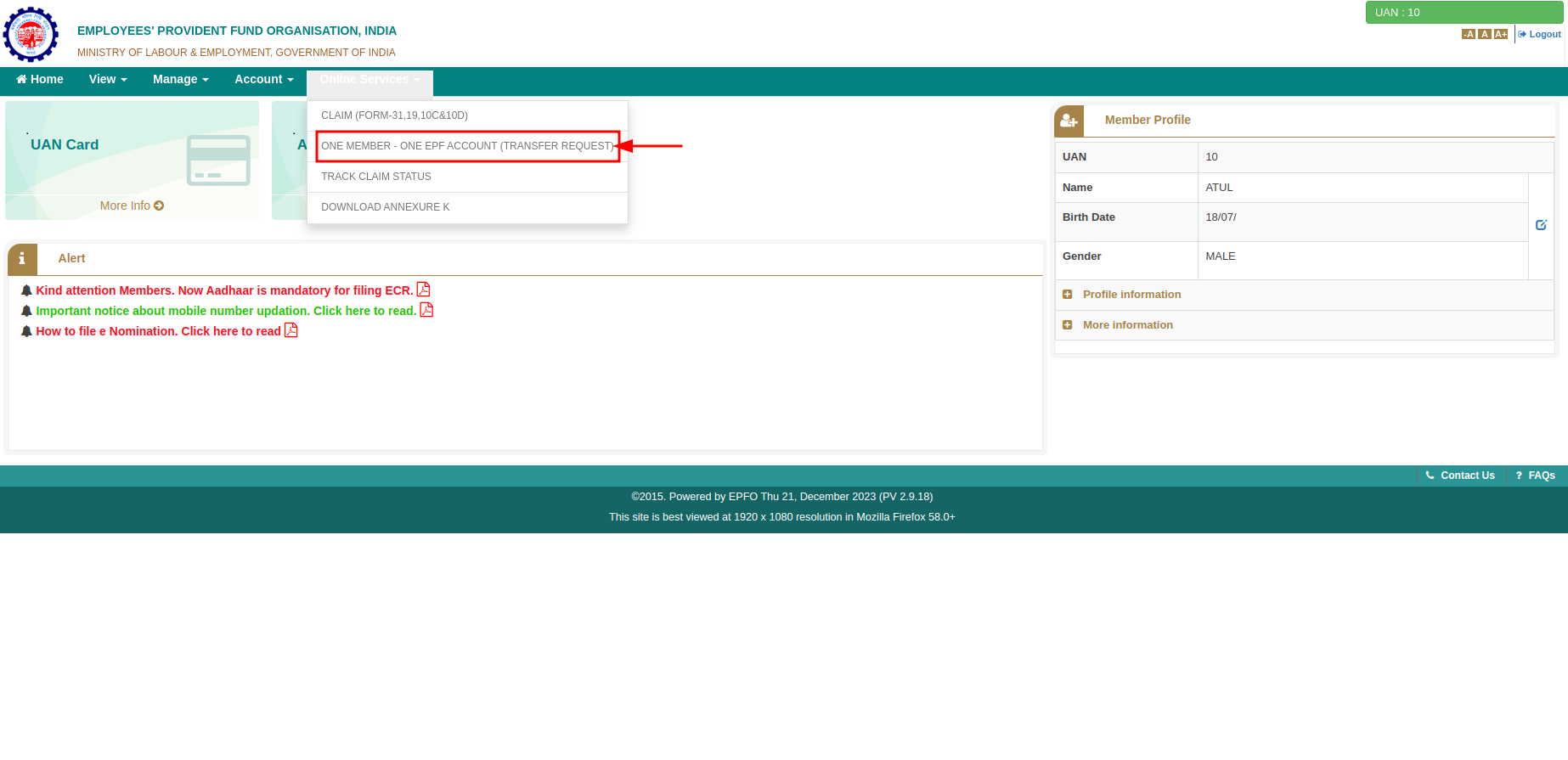 Step-2 select One Member–One EPF Account