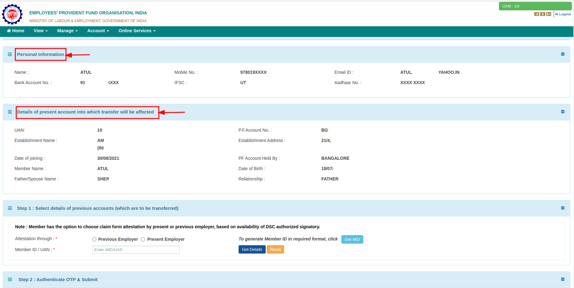 Step-3 Verify personal info and existing PF account