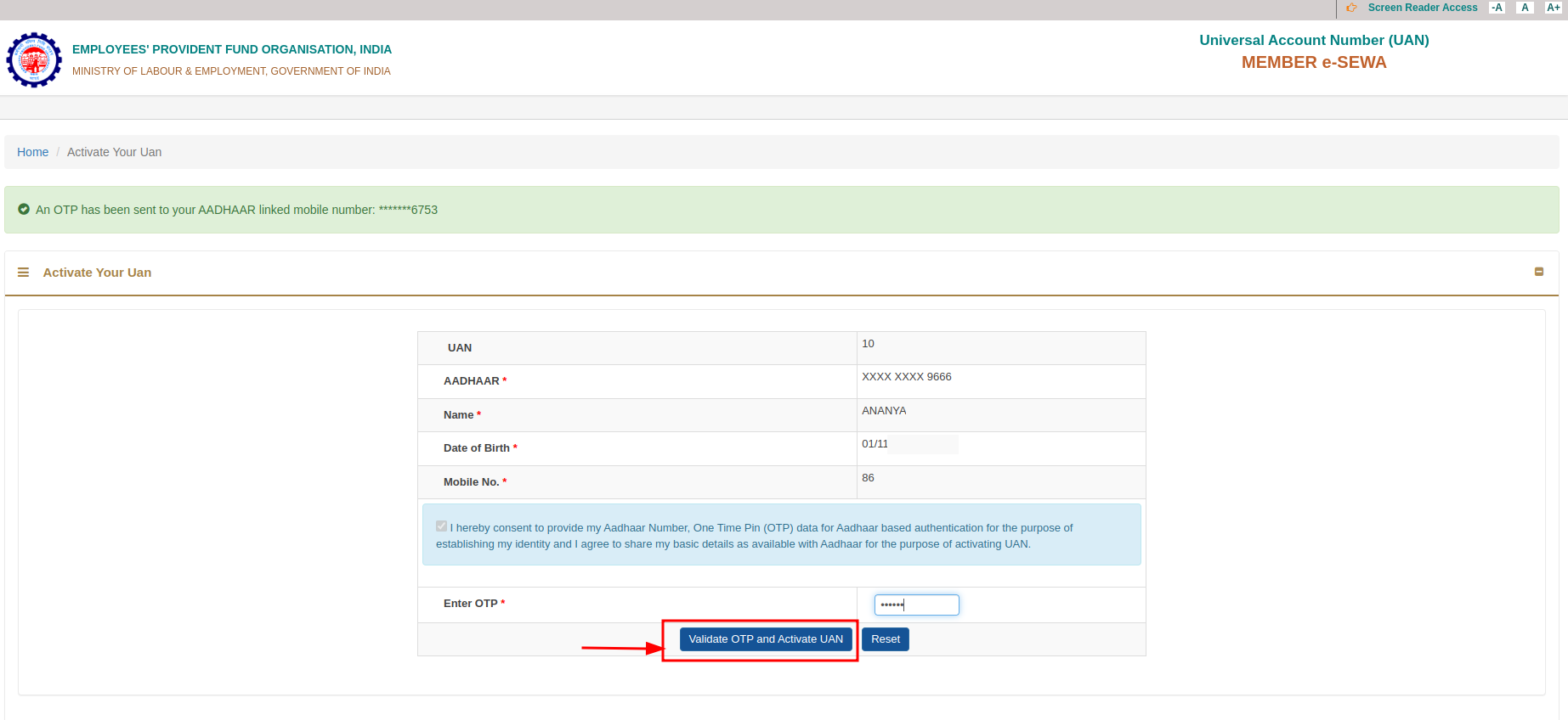 Step-5 Validate OTP and Activate UAN