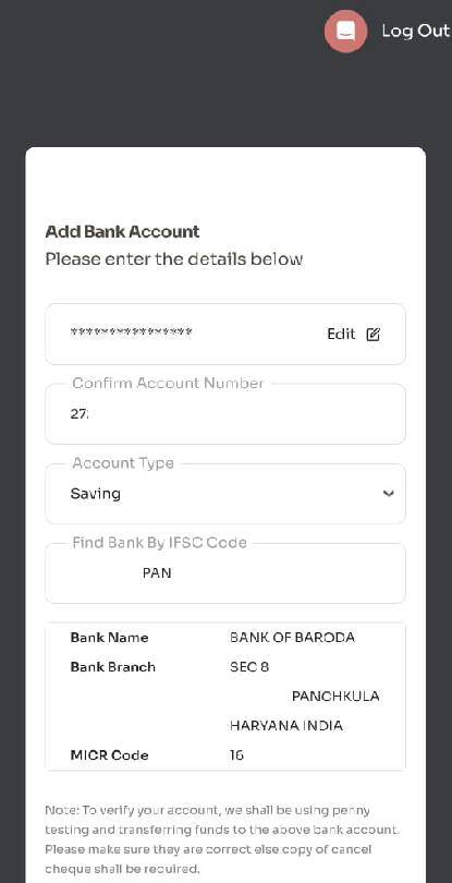 Step-3 Bank account details fill karein